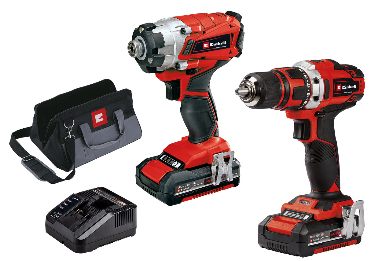 Einhell 4257245 18V Cordless 1/2" Drill/Driver & 1/4" Impact Kit (With 2 x 2.0 Ah batteries, Charger and Bag)