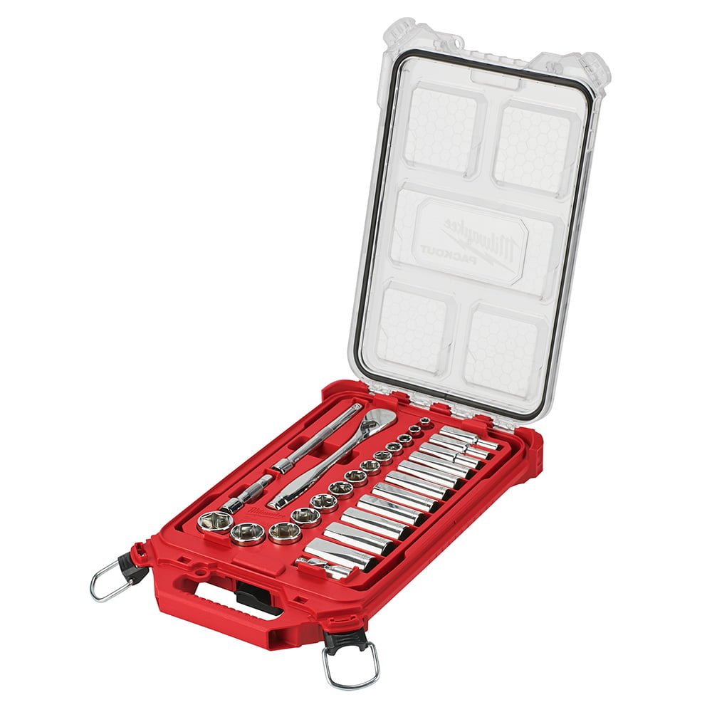 MILWAUKEE 48-22-9481 3/8” Drive 28pc Ratchet & Socket Set with PACKOUT™ Low-Profile Compact Organizer - SAE
