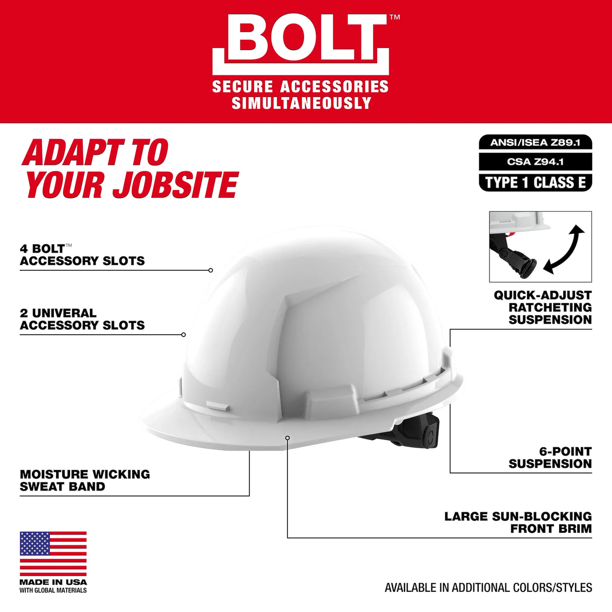 Milwaukee BOLT Front Brim Hard Hat w/6pt Ratcheting Suspension (USA) - Type 1, Class E