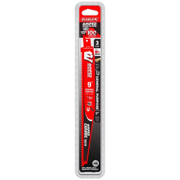 9" 6/9TPI AMPED™ Demo Demon™ Carbide Teeth Reciprocating Saw Blades for General Purpose Cuts (3-pk)