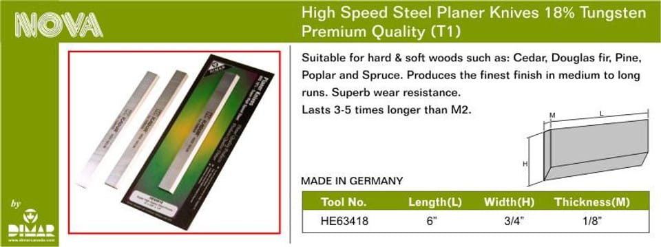 DIMAR HE63418 6" x 3/4" x 1/8" JOINTER KNIFE