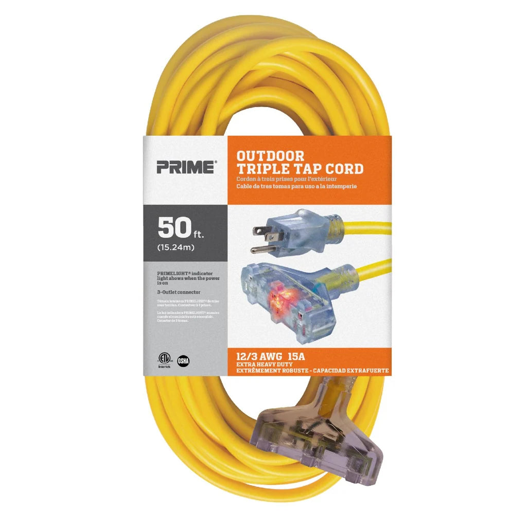 50ft 12/3 SJTW Yellow Triple-Tap with Primelight Indicator Light