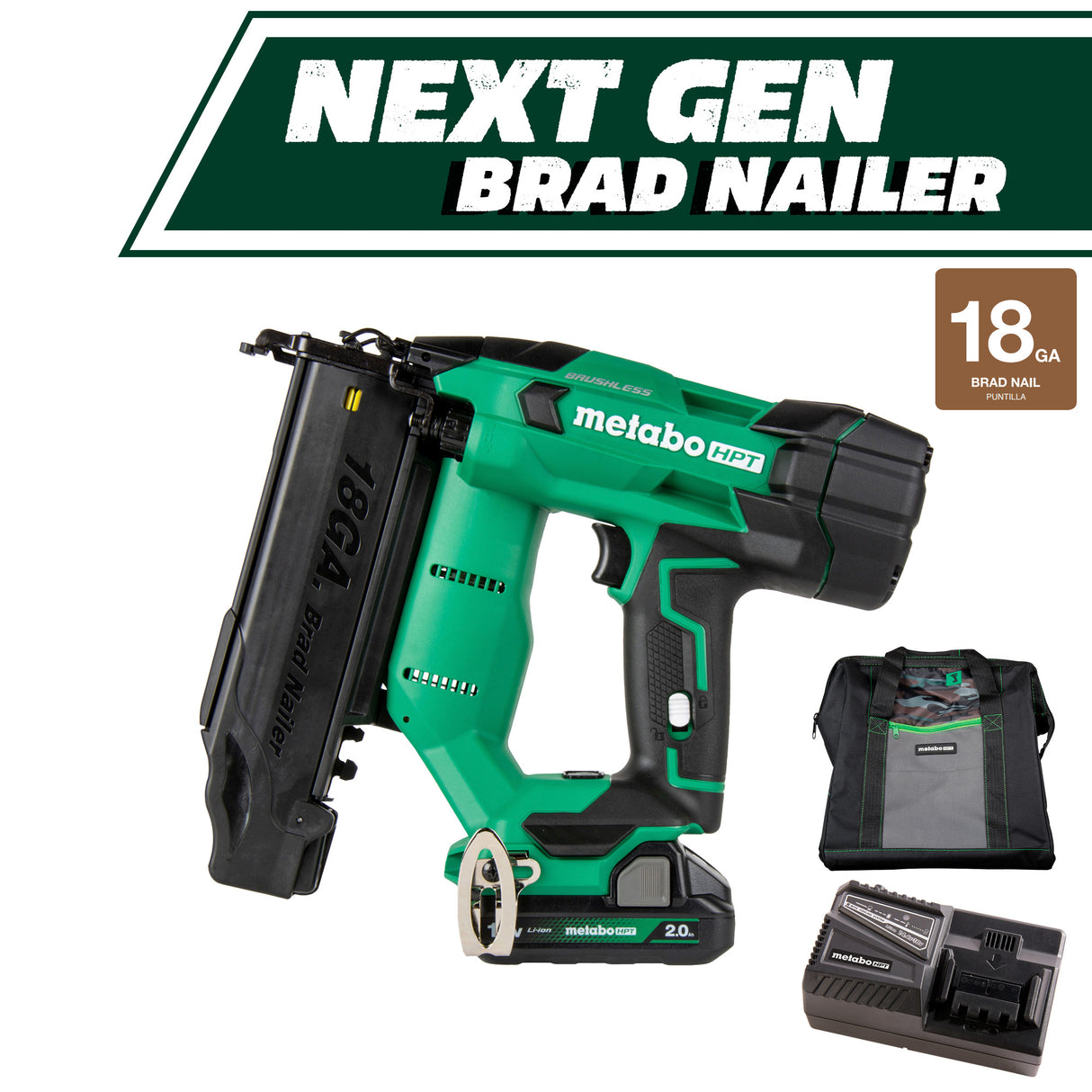 METABO HPT NT1850DFT Cordless 18ga 2” Brad Nailer W/ Bonus 2AH Battery (377797M)