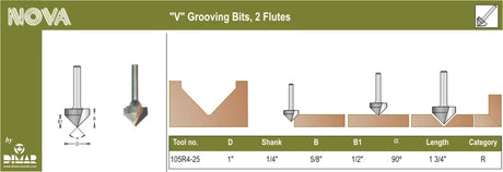 "V" GROOVE BIT - 1" Dia, Carbide Tipped, V-Groove Bit, 90°, 2 Flute, 1/4" Shank, 1 3/4" Length