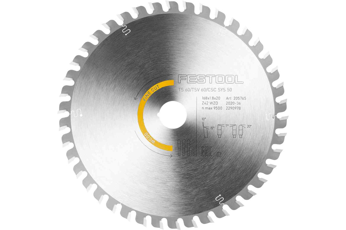 FESTOOL 205772 Saw Blade WOOD FINE CUT HW 168x1,8x20 WD42