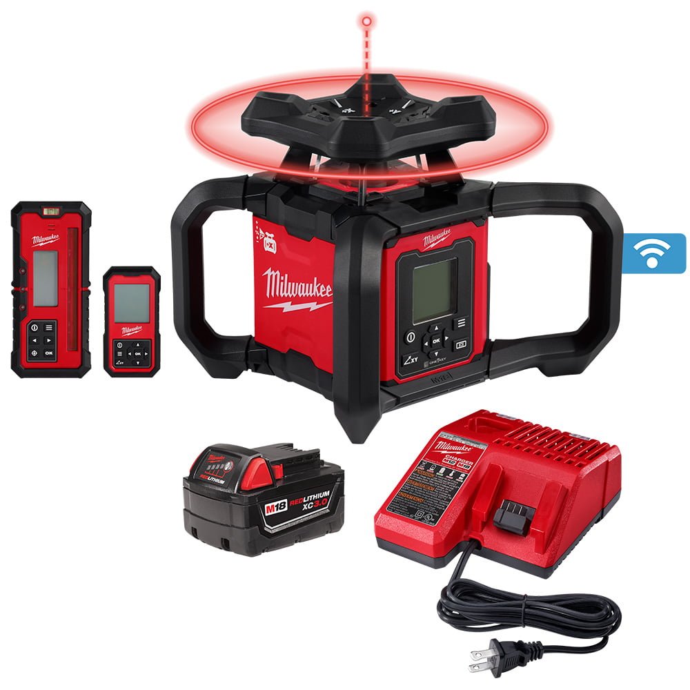 MILWAUKEE 3704-21 M18™ Red Exterior Dual Slope Rotary Laser Level Kit w/ Receiver & Remote