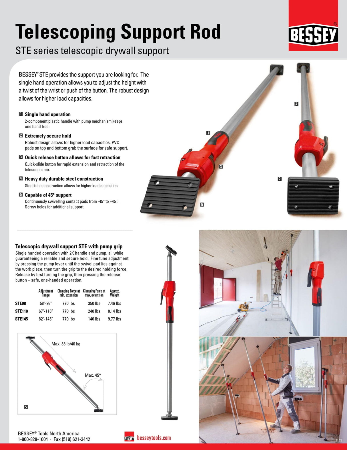 BESSEY STE118 Telescopic Drywall Support (67 - 118")