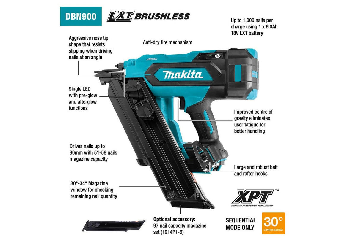 Makita DBN900ZK 18V LXT Brushless 90mm 30-34 Deg. Framing Nailer Bare Tool - MAKDBN900ZK