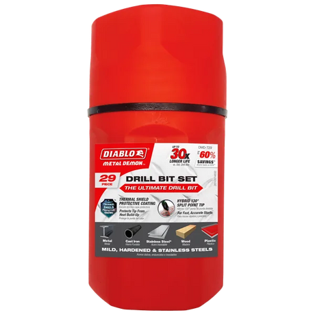 Metal Demon™ Drill Bits Set with Thermos for Mild, Hardened and Stainless Steels (29-pc)