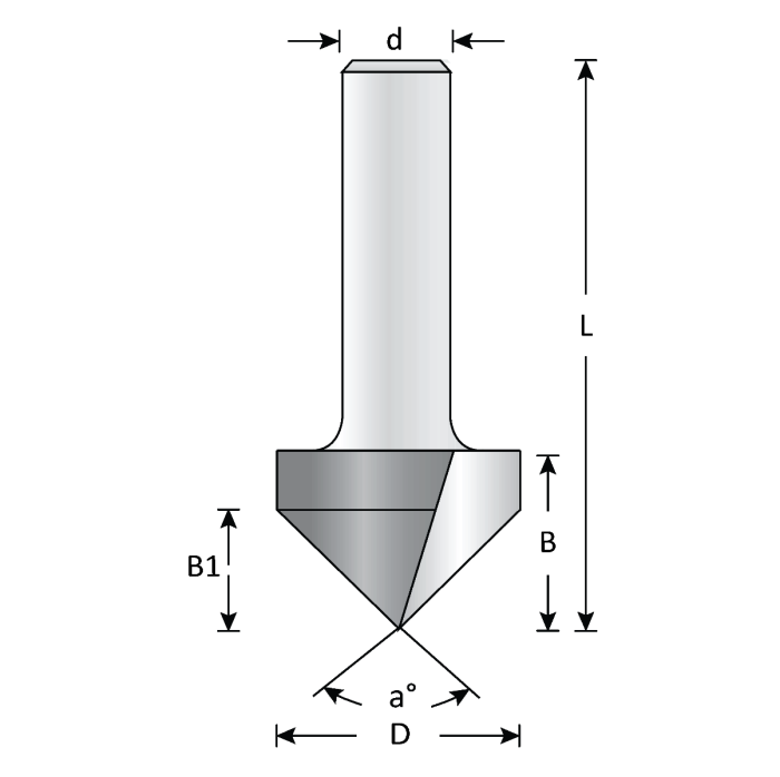"V" GROOVE BIT - 1" Dia, Carbide Tipped, V-Groove Bit, 90°, 2 Flute, 1/4" Shank, 1 3/4" Length